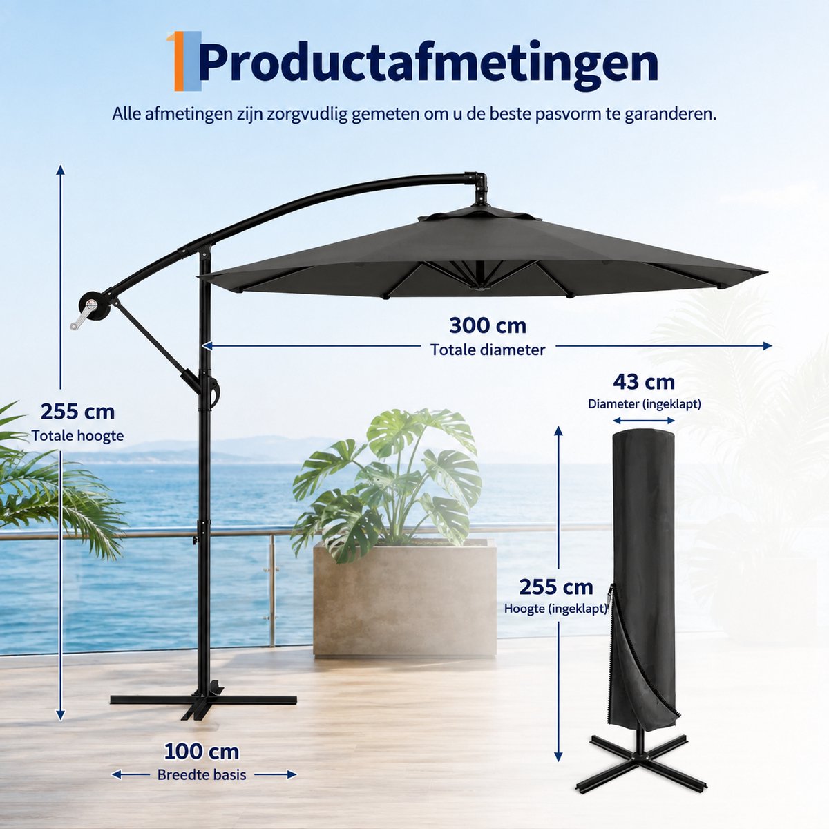 DeltaMerch Zweefparasol - Draaibare Parasol - Kantelbaar - UV werend doek - Incl. kruisvoet en beschermhoes - 300x 300cm - Grijs – foto 4