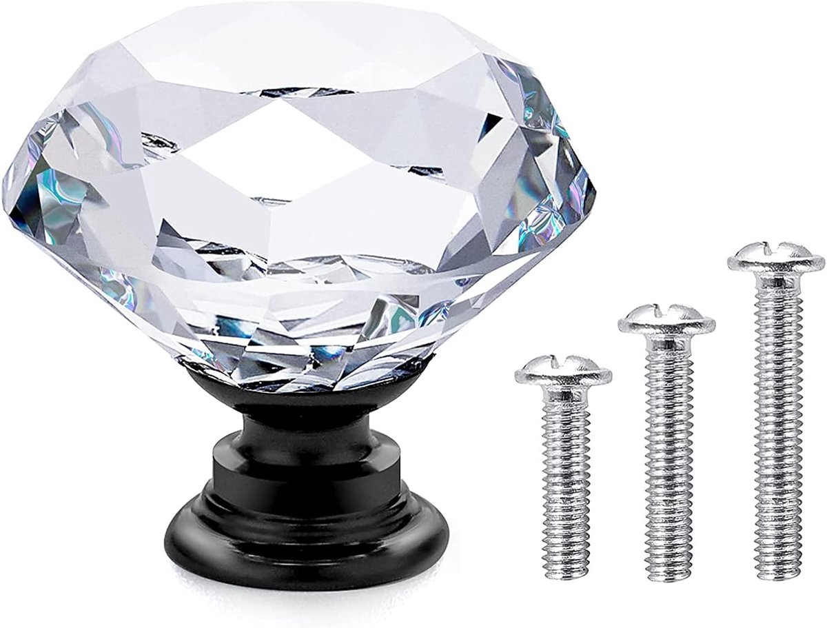 Deurknoppen van kristal, 20 stuks, 30 mm | (diamant transparant + zwarte basis) met montageschroeven in 3 maten