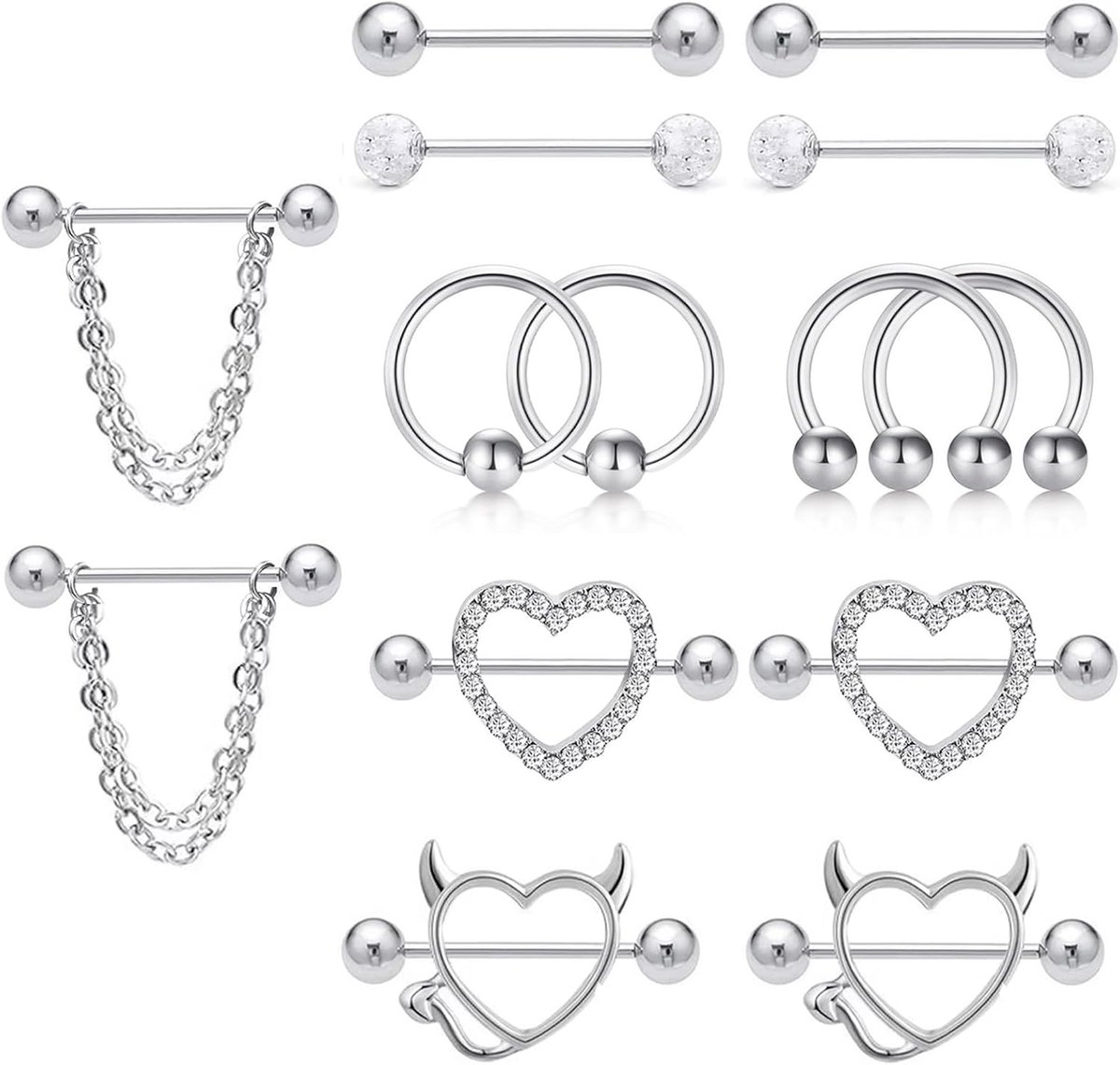 7 paar 14G tepelpiercing voor dames, 316L roestvrij staal, vlinder, hart, maan, tongpiercing, barbell, lichaamssieraad, Roestvrij staal, Zirkonia
