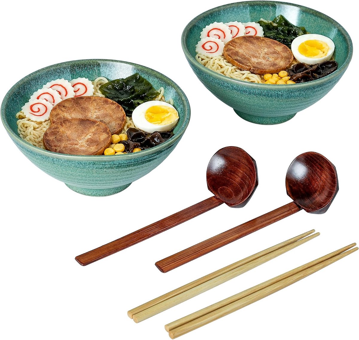 Soepkommen, ramenkom met eetstokjes en lepel, Pho Bowl keramische set/Japanse soepkommen voor soep, ramen en sushi, 2 x 1100 ml, groen