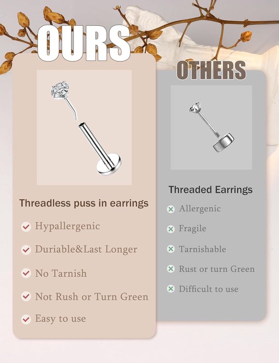 18G platte achterkant oorbellen hypoallergene gouden zilveren oorbellen voor vrouwen - chirurgisch staal labret kraakbeen tragus helix piercing sieraden - draadloze neuspiercing voor vrouwen — afbeelding 4
