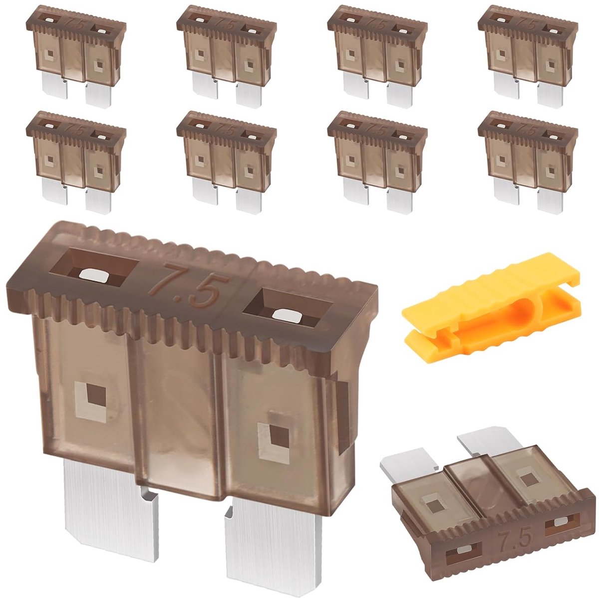 Auto Standaard Blade Zekeringen 7,5 Amp, 10 Stuks Automatische Vervangingszekeringen, Gereedschap Met Zekeringtrekker voor Auto/RV/Vrachtwagen/Motorfiets/Boot