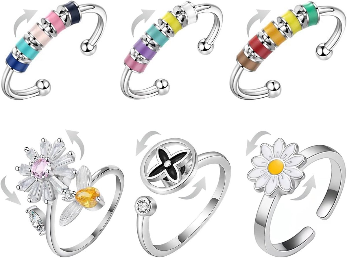 Ringen met stemmingsring, 6-pakket, anti-stress-ringen, verstelbaar, bijen-madeliefje-klaverkralen, cadeau voor vrouwen en mannen