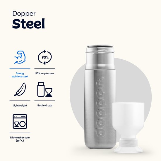 Dopper Steel drinkfles van geborsteld roestvrij staal met een witte cup, 90% gerecycled, vaatwasserbestendig.