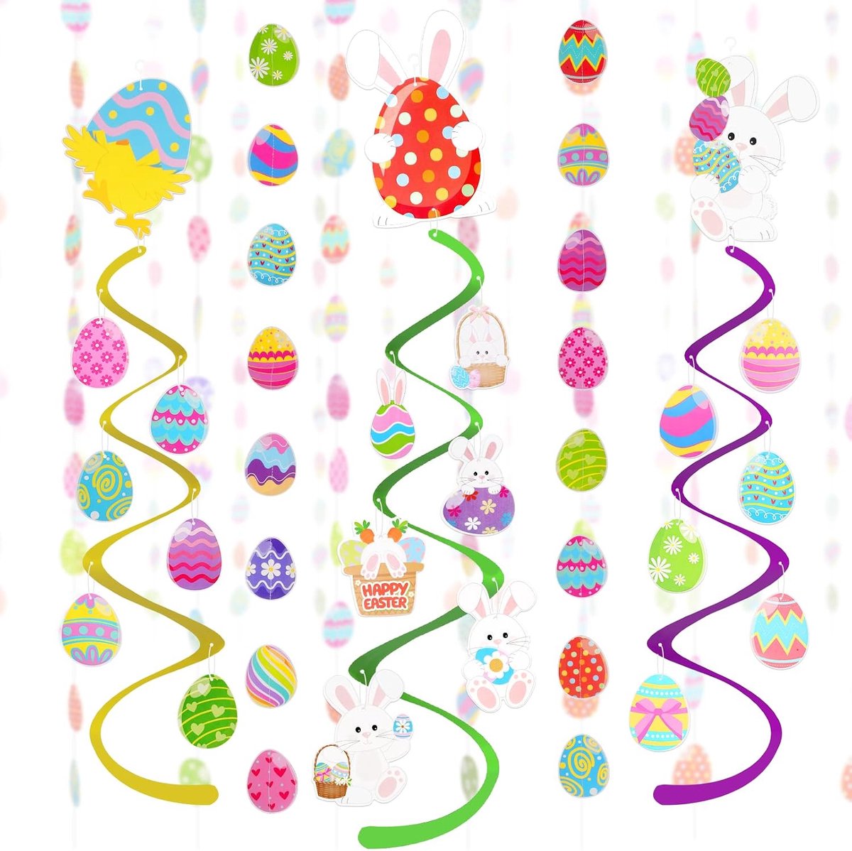 3-delige papieren paasdecoratie spiralen en 2 stuks paaseieren om op te hangen, slinger, vrolijk Pasen, werveling, paaseieren, konijnen, kuiken, plafondhanger voor paasfeest, decoratie