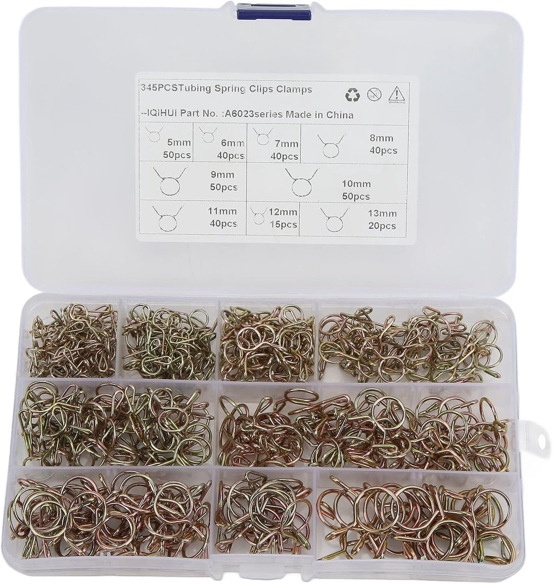 345 Stuks Brandstofslang Veerclips Pijpklemmen Assortiment Kit 9 ​​maten voor Motorfiets ATV Boten 8 Mm 10 Mm 6 12 Mangaan Clips Totaal Pakket Bevat Verschillende Veer 5 Veer