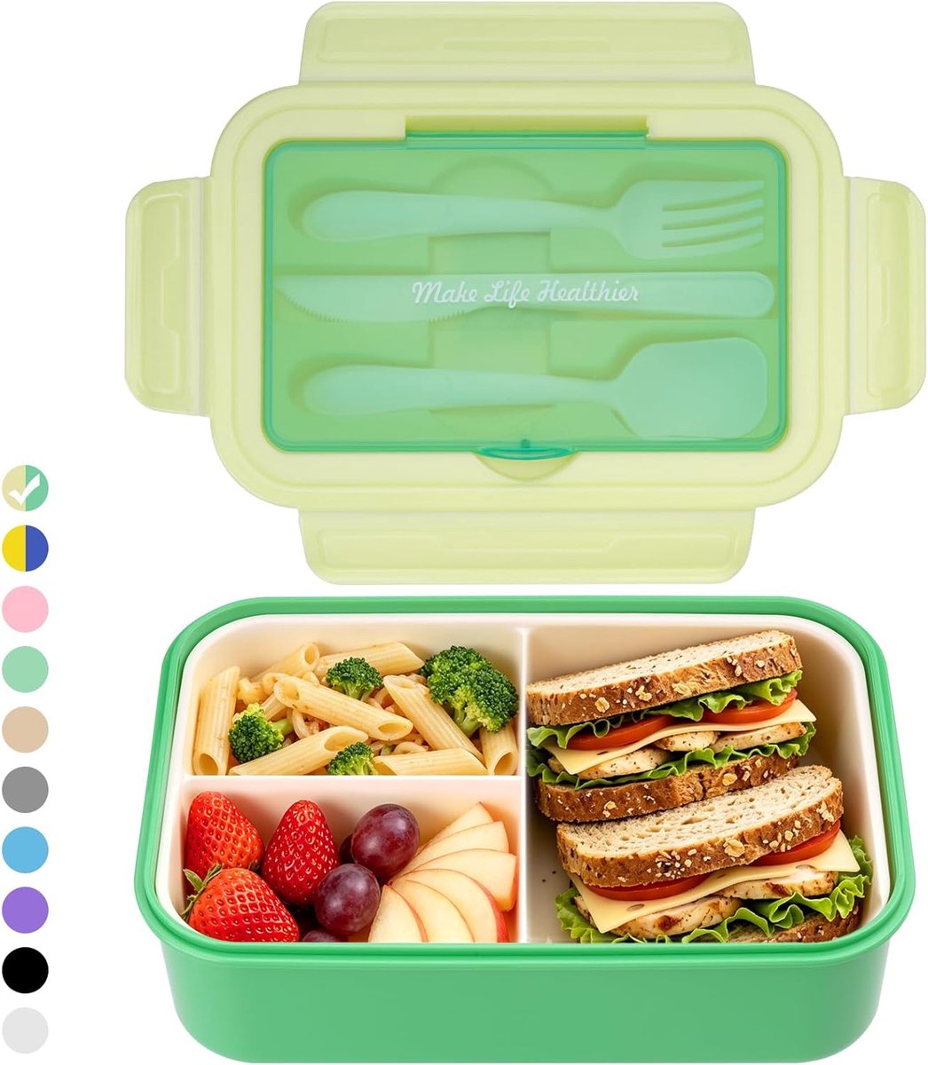 Broodtrommel Lunchbox Volwassenen & Kantoor 1400 ml, Lekvrije Grote Bento Box met 3 Vakken & Bestek, Magnetronbestendig voor School Werk Mannen Vrouwen & Kinderen