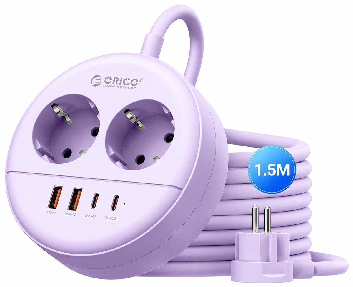 ORICO OSP - Ronde stekkerdoos - 20W Snellader - 2x Stopcontacten, 2x USB-C & 2x USB-A - Platte stekker - 1,5 m kabel - Wandmontage-stekkerdoos met veiligheidsvergrendeling - Paars
