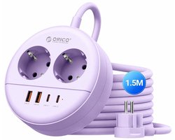 ORICO OSP - Ronde stekkerdoos - 20W Snellader - 2x Stopcontacten, 2x USB-C & 2x USB-A - Platte stekker - 1,5 m kabel - Wandmontage-stekkerdoos met veiligheidsvergrendeling - Paars