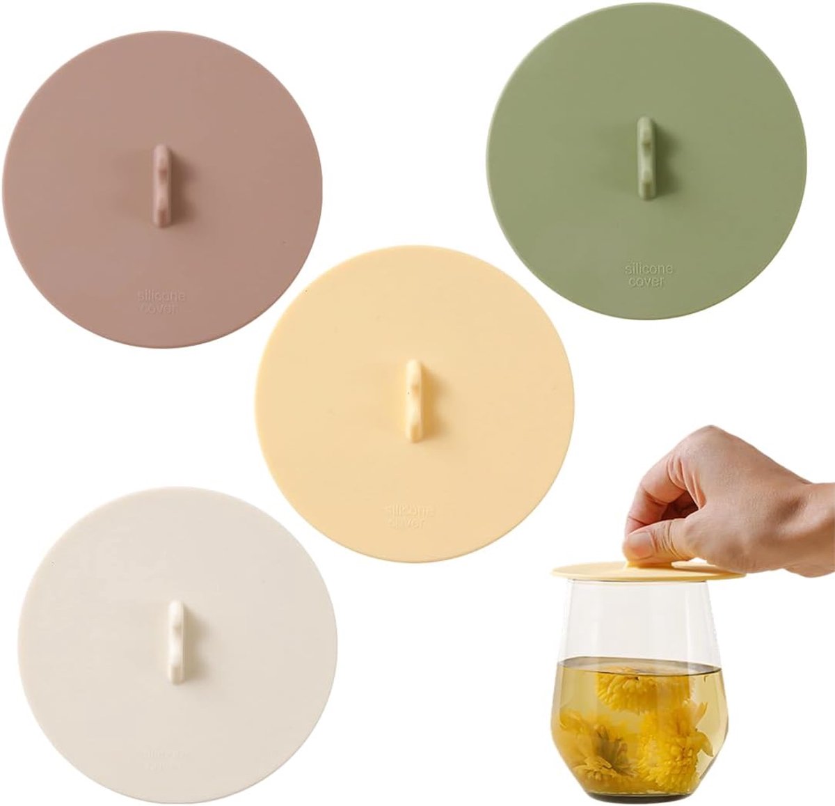 Siliconen deksels set van 4 - 10 cm - groen, wit, geel, bruin - perfect afsluiten voor bekers - ShopVlot