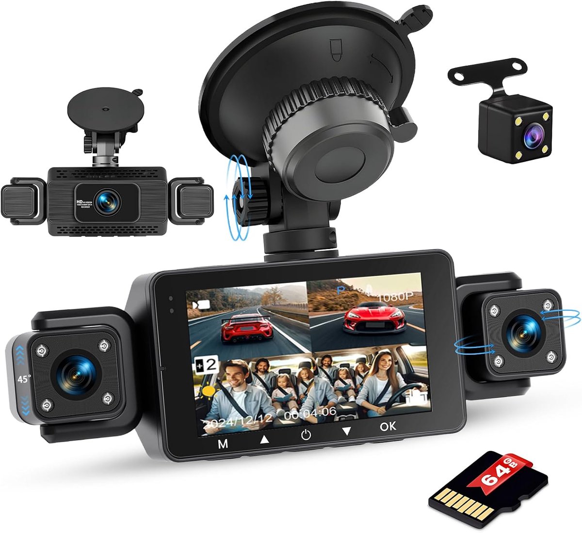 Dashcam met 3 camera's - 1080P HD resolutie - Nachtzicht met 8 IR-lampen - 24-uurs opname met parkeerfunctie - ShopVlot