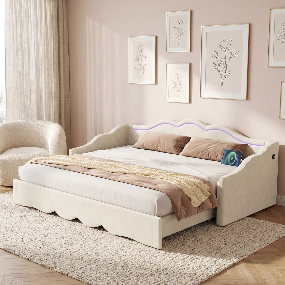 VVBV Bedbank 90x200 cm - Uitschuifbaar, USB & Type-C, Stopcontact, LED-Verlichting - Beige, Fluweel