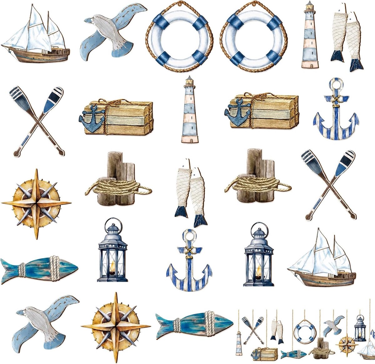 Maritieme decoratie 24-delig - Houten visnet - Schepen en zeilboten - Ideaal voor badkamer en tuinfeest - ShopVlot
