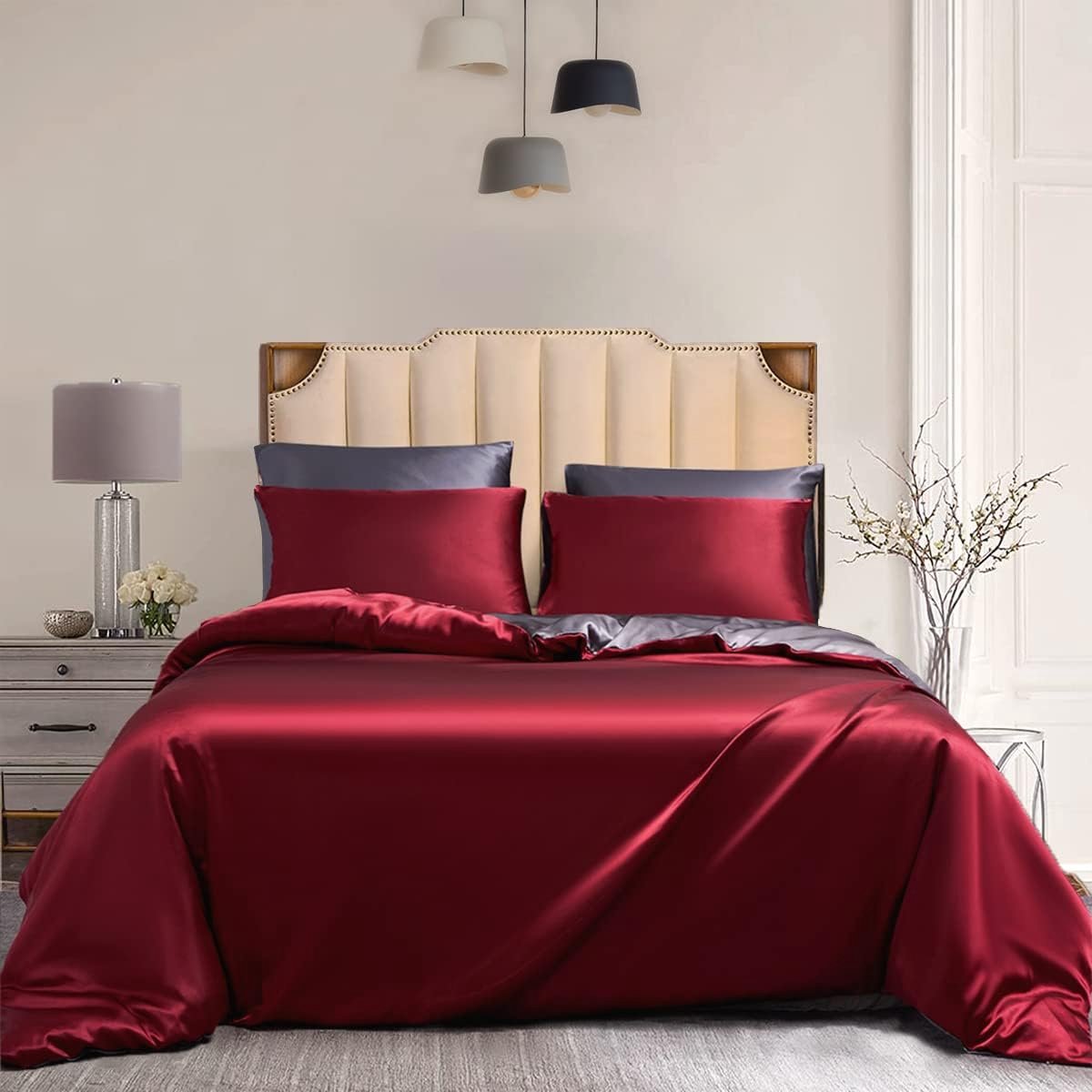 Dekbedovertrek 155x220 cm - Rood Grijs Satijn - Luxe en Zijdezacht - Ideaal voor een Cozy Nacht - ShopVlot