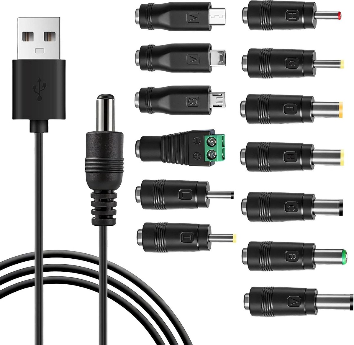 Oplaadkabel 13 in 1 USB naar DC 5.5x2.1mm - 1m met 13 adapters - voor routers, TV-boxen en meer - ShopVlot