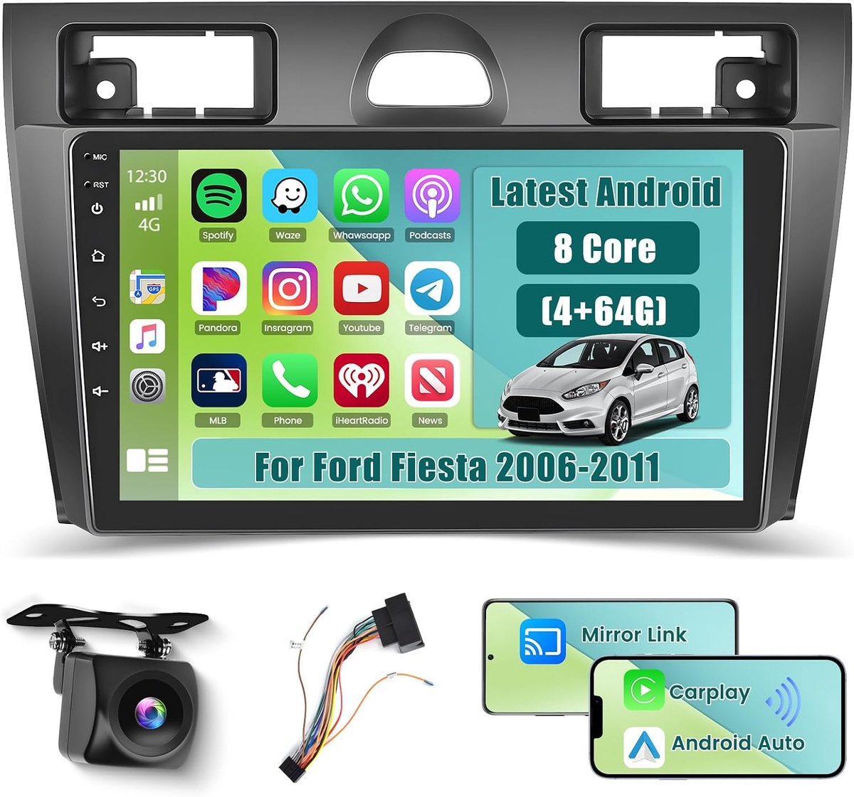 Android Radio 9 Inch HD Touchscreen - 4+64G met Draadloze CarPlay - GPS Navigatie en AHD Achteruitrijcamera - ShopVlot
