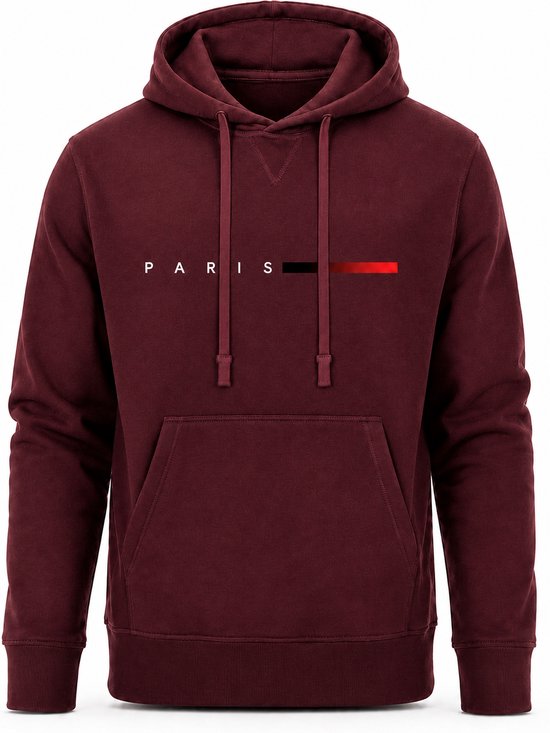 Bordeauxrode hoodie met capuchon, trekkoord en de tekst "PARIS" met rode en zwarte streep.