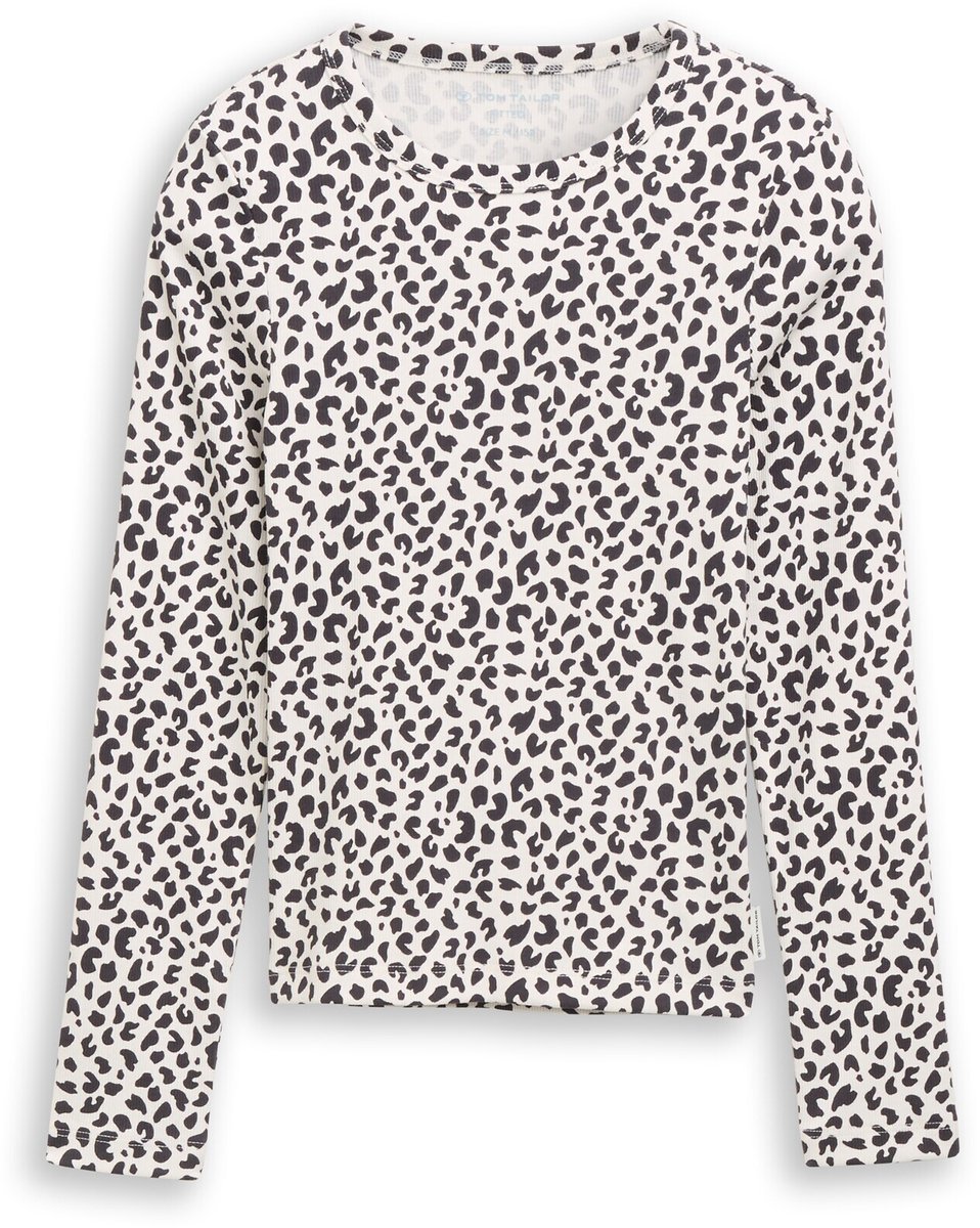 Tom Tailor - T-shirt met lange mouwen en geribde structuur - Maat 176 - white dark navy leo