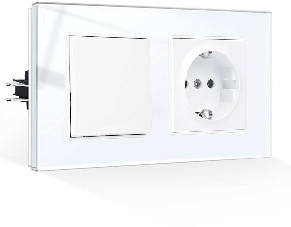 Lichtschakelaar met Schuko Stopcontact - Glas Paneel - 1-Weg 250V/16A - Geschikt voor huishoudelijke apparaten - ShopVlot