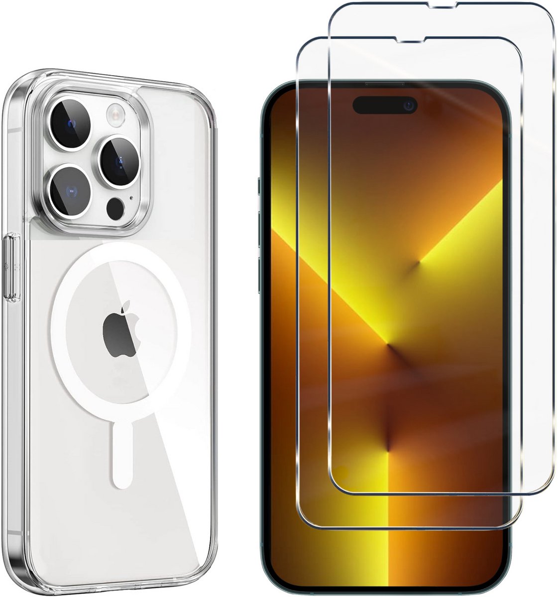 iPhone 14 Pro Hoesje backcover Shockproof siliconen Transparant met geïntegreerde magnetische cirkel en 2 stuks Screenprotector Gehard Glas