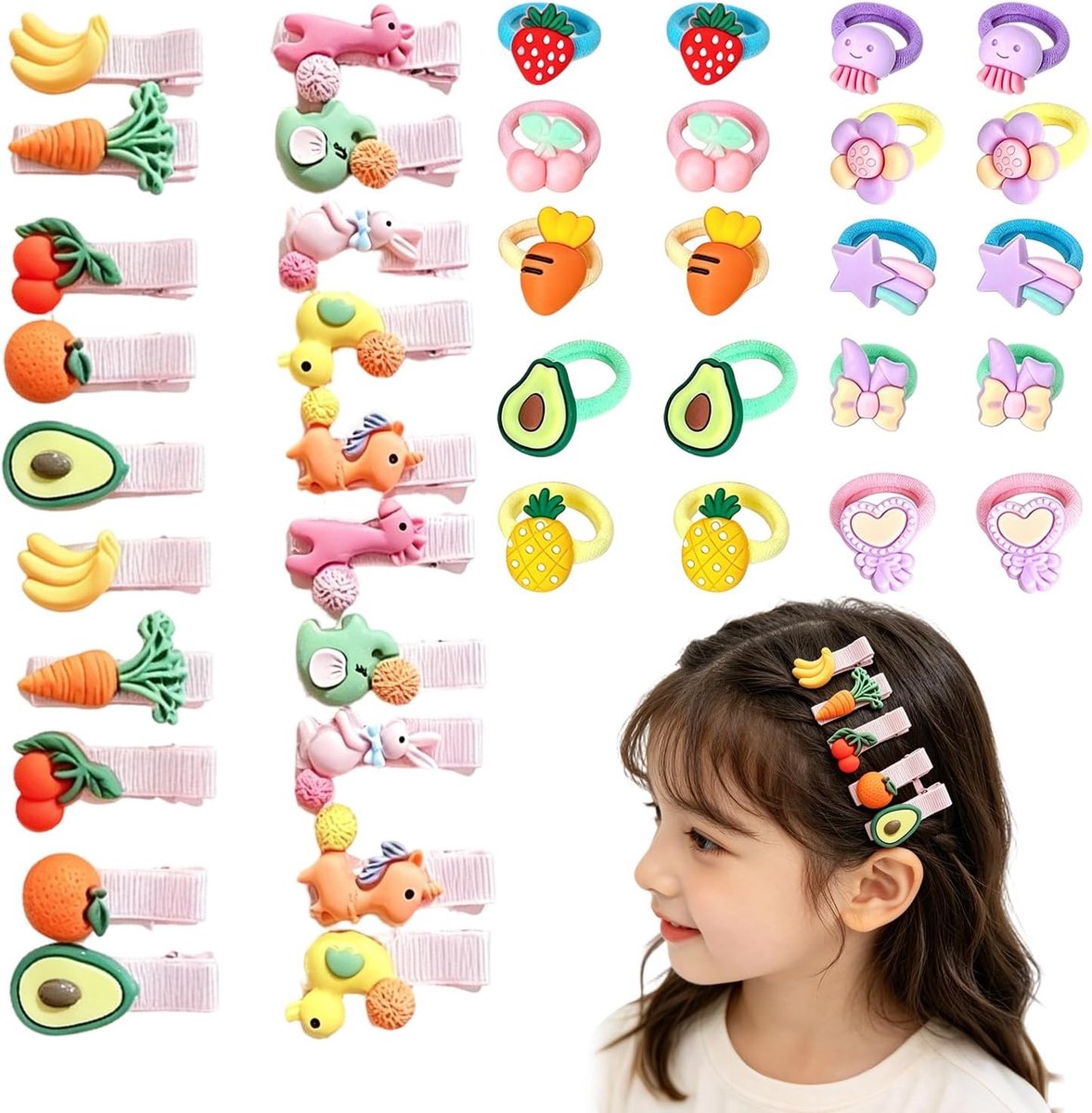 Haaraccessoireset 40 stuks - elastiekjes en haarspelden - fruitthema en dieren - voor meisjes - ShopVlot