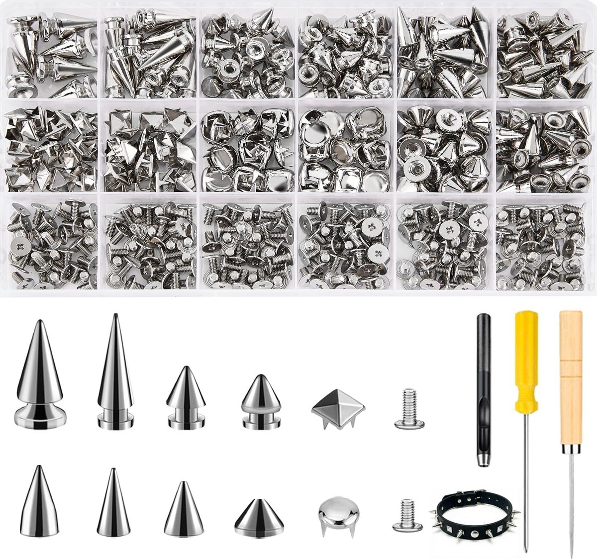 Punk spikes en studs set 455 stuks - 12 maten premium metalen spikes - voor leren verwerking en DIY-projecten - ShopVlot