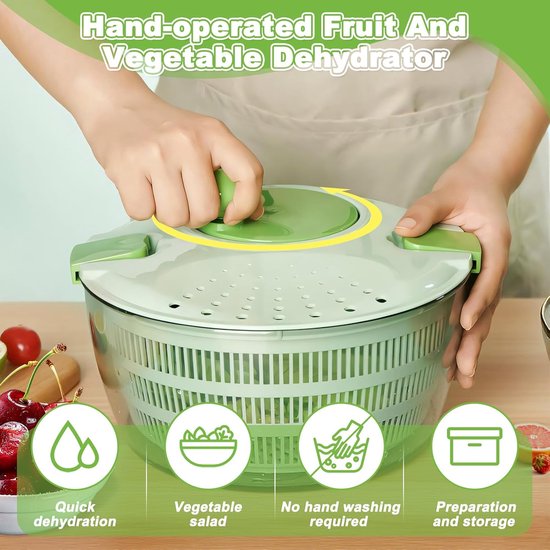 Saladecentrifuge 4 Liter - Groentewasdroger Kom - Snel Salade Drogen - Handmatige Bediening Gemakkelijk - 24.5 cm Diameter - Groen — afbeelding 5