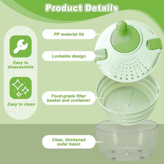 Saladecentrifuge 4 Liter - Groentewasdroger Kom - Snel Salade Drogen - Handmatige Bediening Gemakkelijk - 24.5 cm Diameter - Groen — afbeelding 2