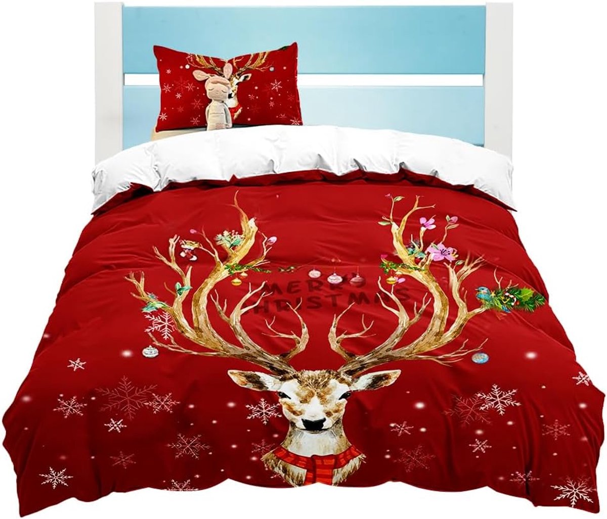 Dekbedovertrekset 135 x 200 cm - Santa Claus, Elch, Sneeuwman, Rendier - Feestelijk ontwerp - ShopVlot