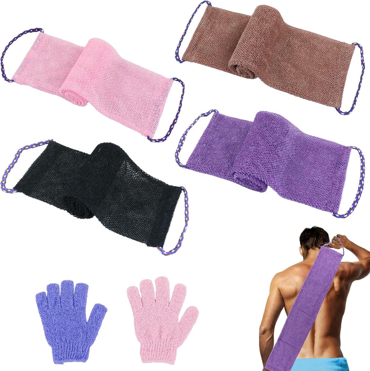 Afrikaanse netspons 75 cm - nylon badspons met 4 scrubsponzen - 2 badhandschoenen - ideaal voor peeling - ShopVlot