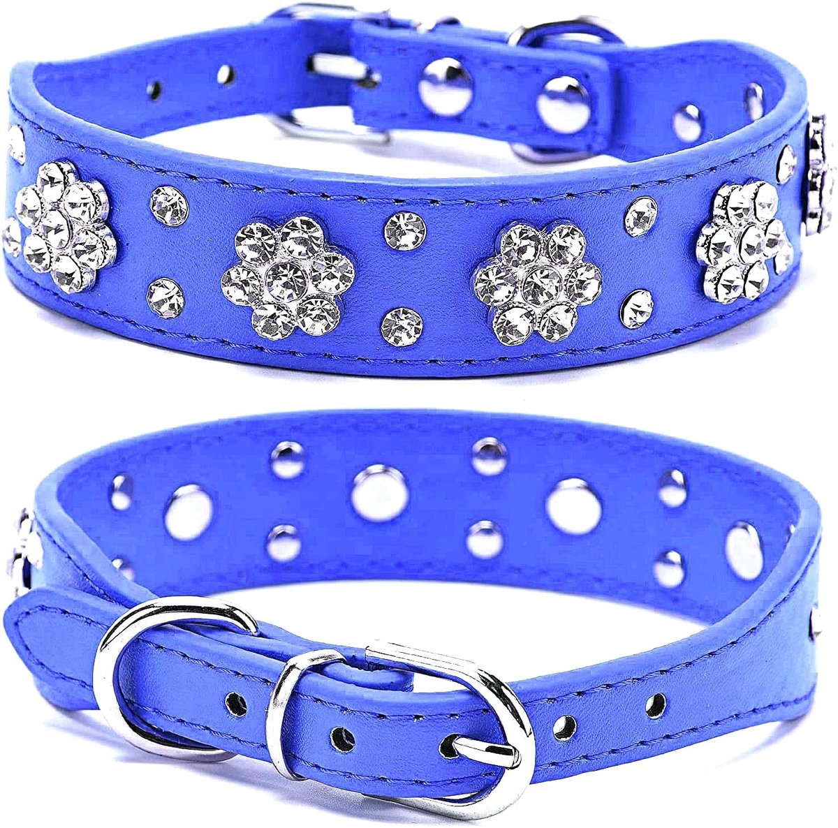 Kattenhalsband met rhinestones - schattige bloemenmotieven - PU leren verstelbaar - bling uitstraling - ShopVlot