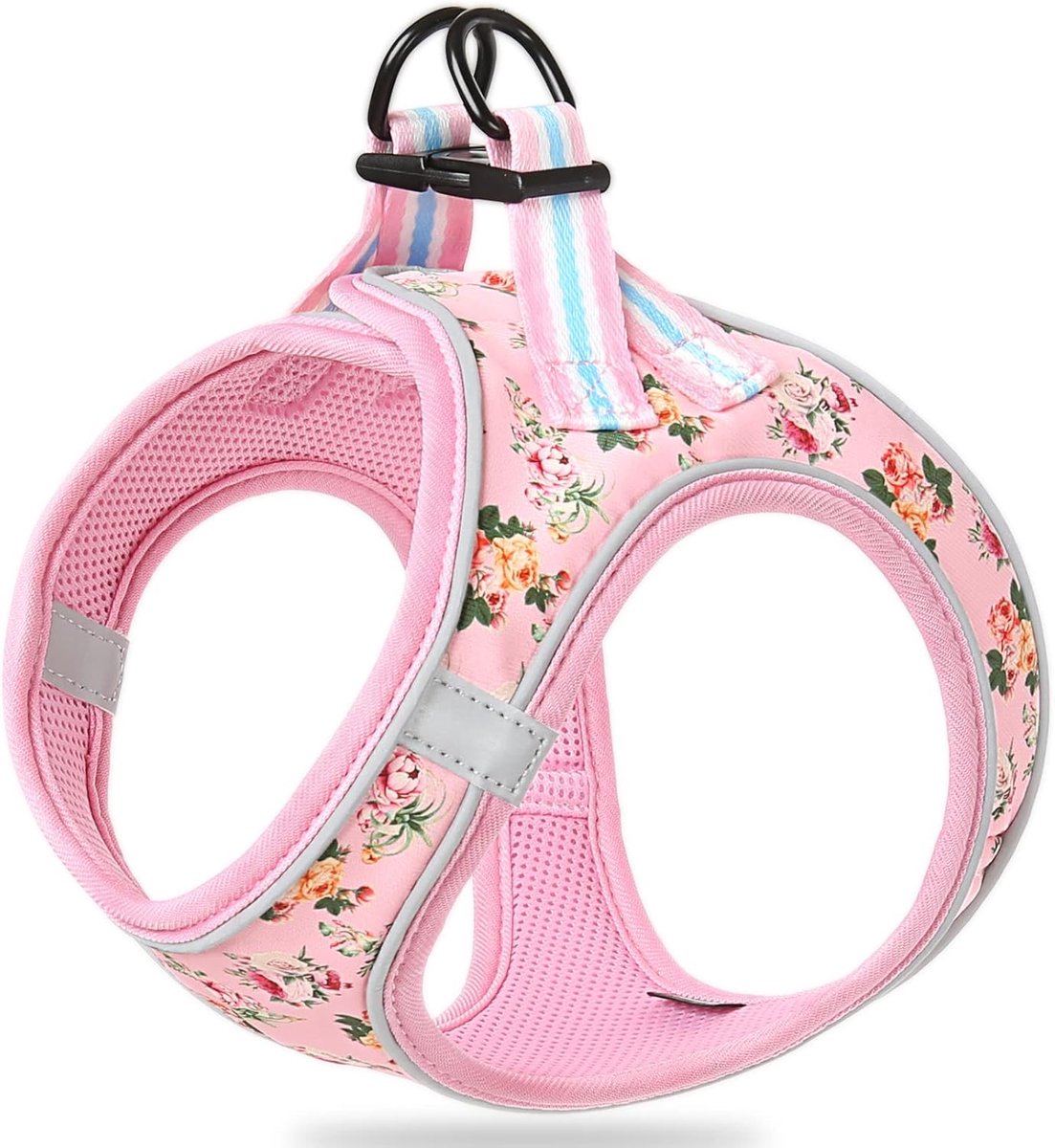 Hondentuigje M - Soft Mesh Harness - Roze bloemen - Comfortabel voor wandelen - ShopVlot