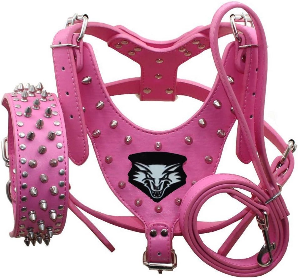 Hondentuig Medium & Groot - Leer met Spikes - Hot Pink - Comfortabel voor pitbull en mastiff - ShopVlot