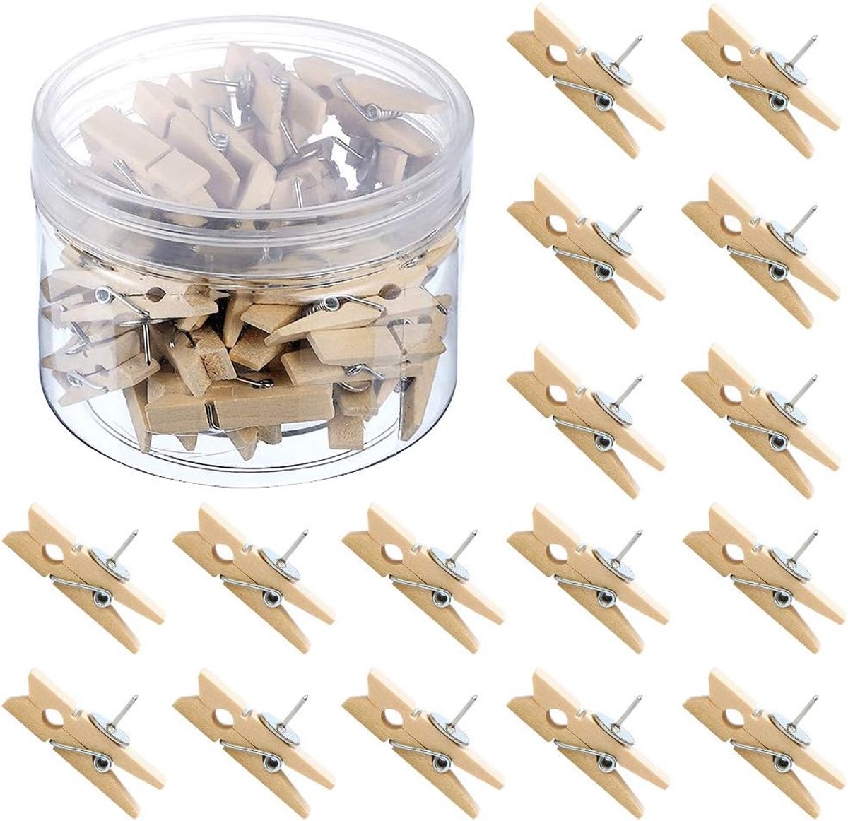 Duwpen clips 50 stuks - Houten klemmen met punaise - Perfect voor corkborden en notities - ShopVlot