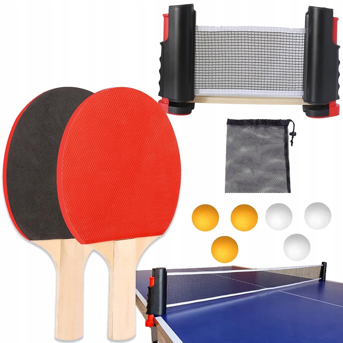 Complete Tafeltennisset: 2 Batjes, 6 Ballen, Net & Tas