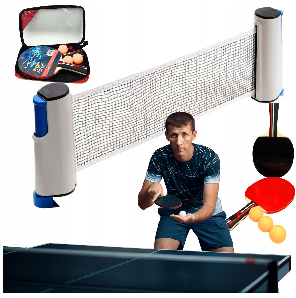 Complete Tafeltennisset: Net, 2 Batjes, 3 Ballen & Koffer