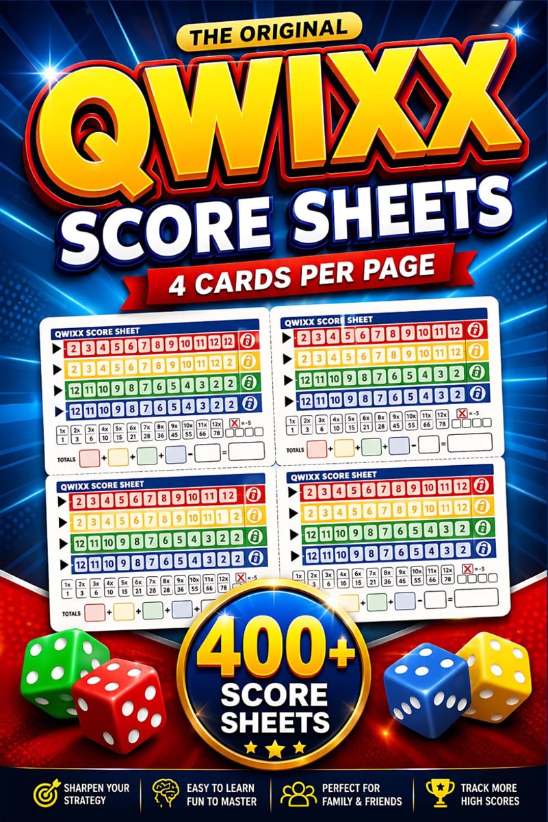 SnelShoppen - Qwixx Scorebladen Set - 400+ Kleurrijke Scorekaarten met 4 Per Pagina voor Snel en Leuk Gezinsplezier