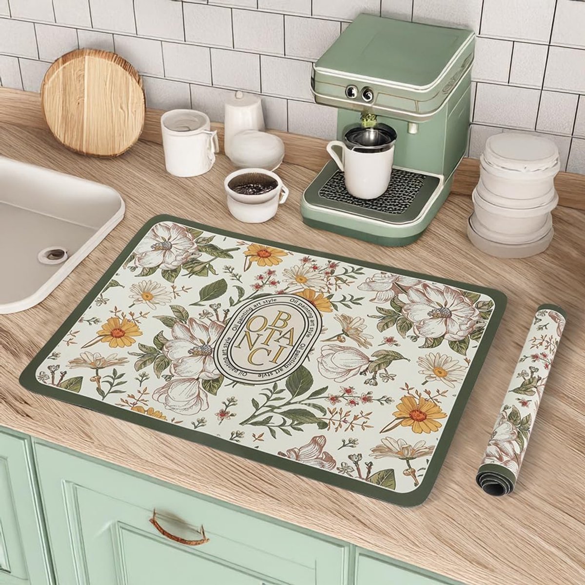 Afvoer Mat 2-Pack - Absorberend Microfiber - Vintage Bloem Motief - Houdt Aanrecht Ruimtes Droog - ShopVlot