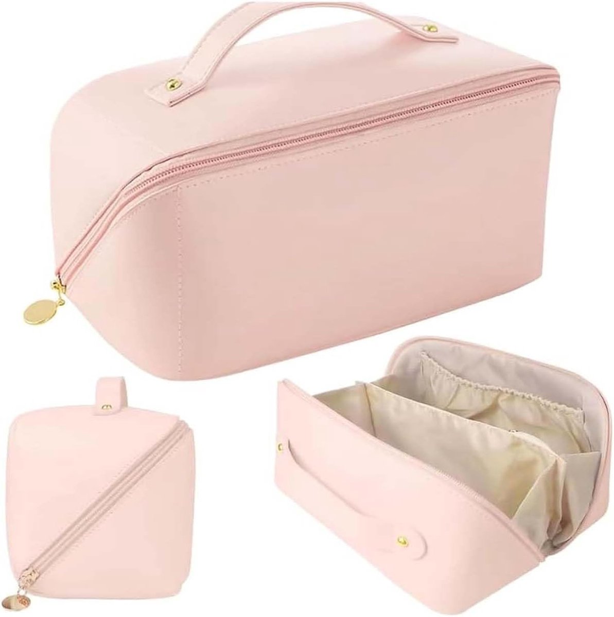 Make-up tas groot 23,5 x 10,5 x 11 cm - roze - met handvat - ideaal voor reizen - ShopVlot