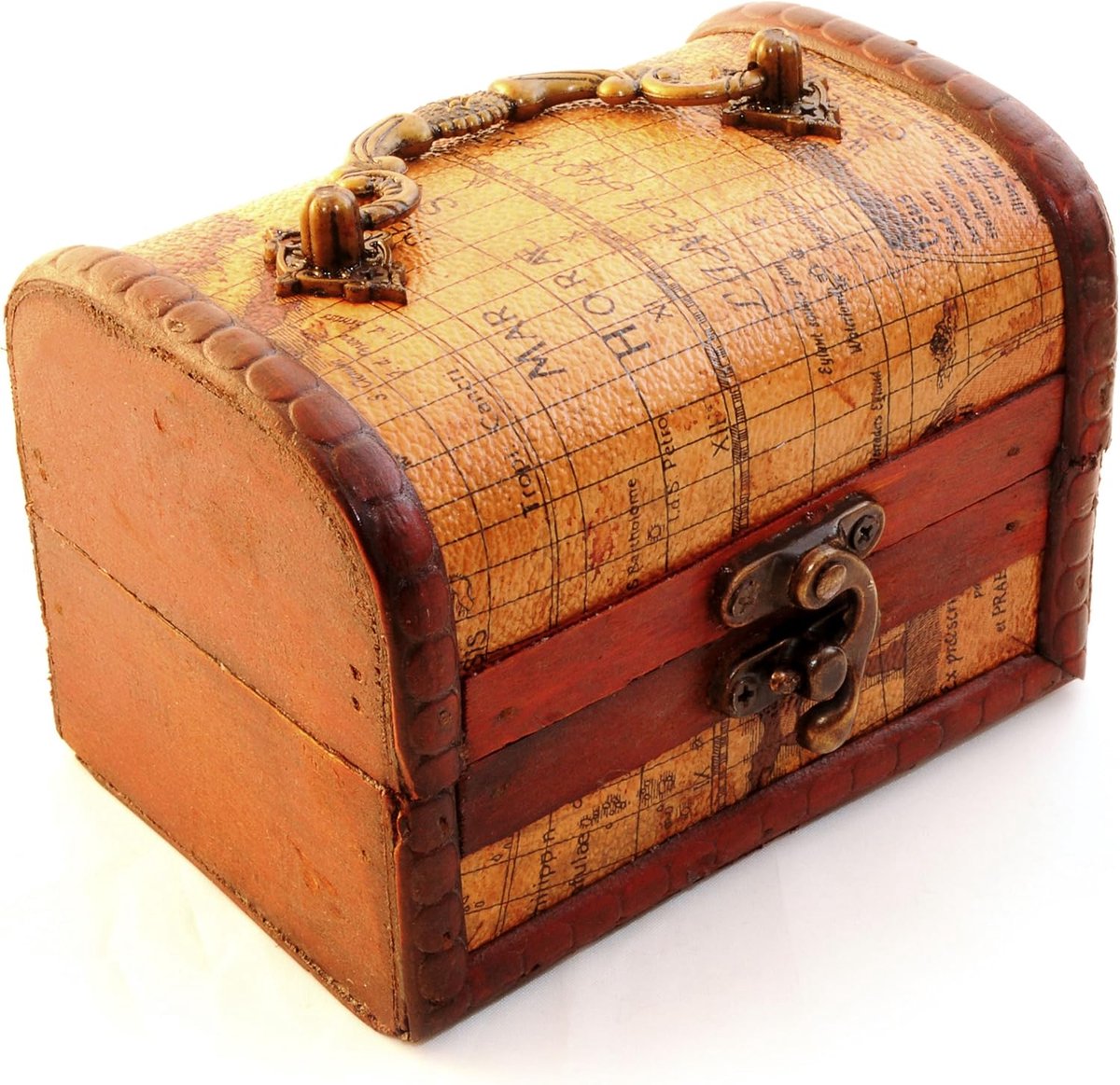 Schatkist decoratie 120 mm - antiek met kaartstijl leer - houten box voor sieraden en kleine onderdelen - ShopVlot