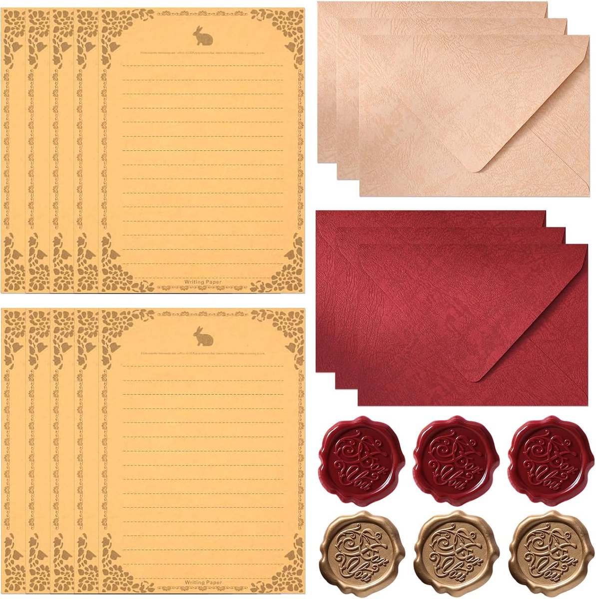 16-delig vintage schrijfpakket met waszegel - 6 linnen enveloppen - 10 kraft papier briefpapier - SnelShoppen