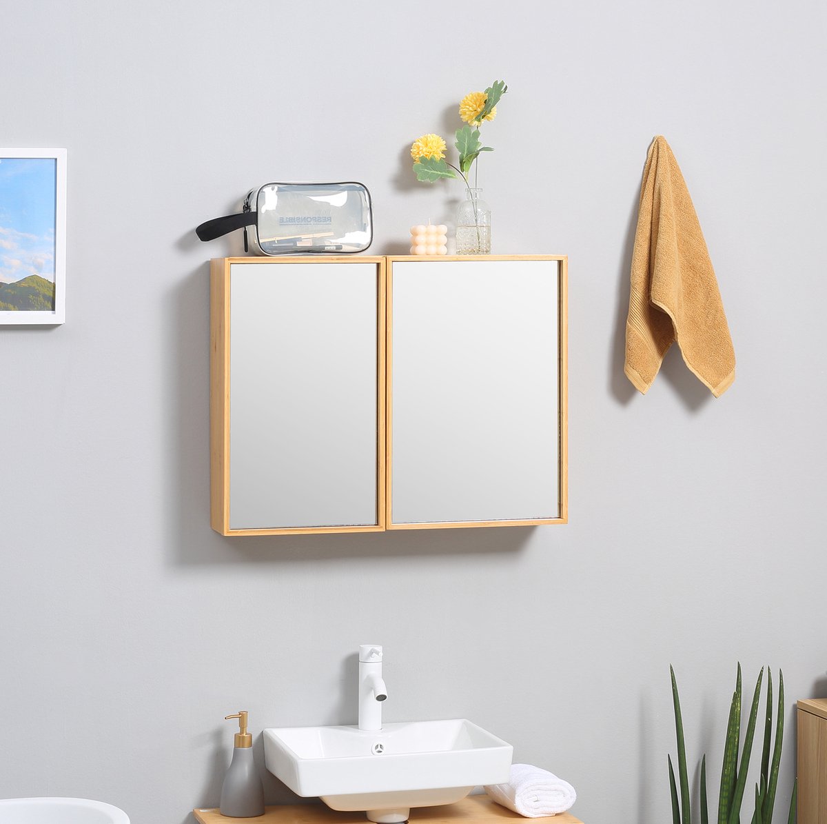 Badspiegelschrank Met Dubbele Deur En 3 Binnenplanken Wandkast Van Bamboe Voor Badkamer 65,2 X 14 X 50 Cm Naturel