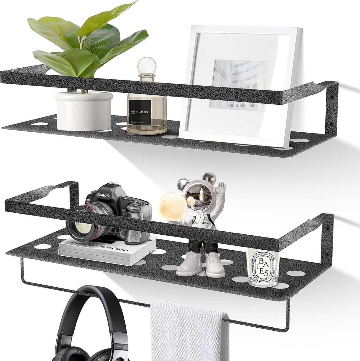Zwevende planken, ijzeren wandplank met handdoekstang, ijzeren planken, set van 2 voor slaapkamer, badkamer, woonkamer, keuken, thuiskantoor, wasruimte, tuin