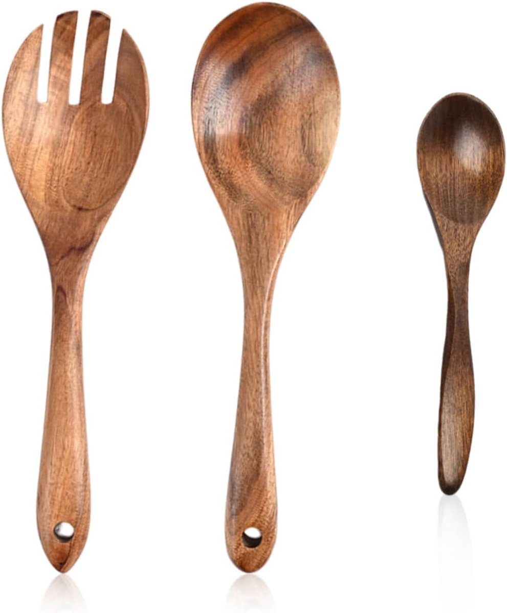 3 stuks lepel- en vorkservies, anti-aanbakpan, houten lepel en vork, saladelepel, keukenlepel- en vorkset, saladeservies, slavork, serveerlepel van hout