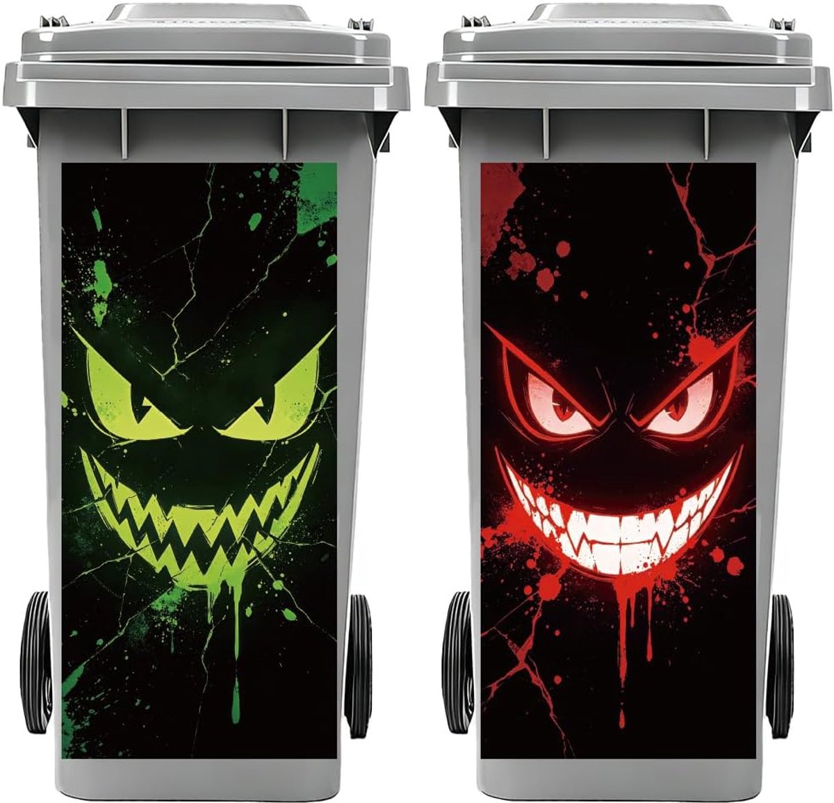 Wheelie Bin Stickers 2 Vellen Fluorescerende Kwaadaardige Uitdrukkingen Sticky Vuilnisbak Stickers Decals, 15 "x 32" Waterdichte Grote Wraps voor Prullenbakken, Bakken, Koelkasten, Muur