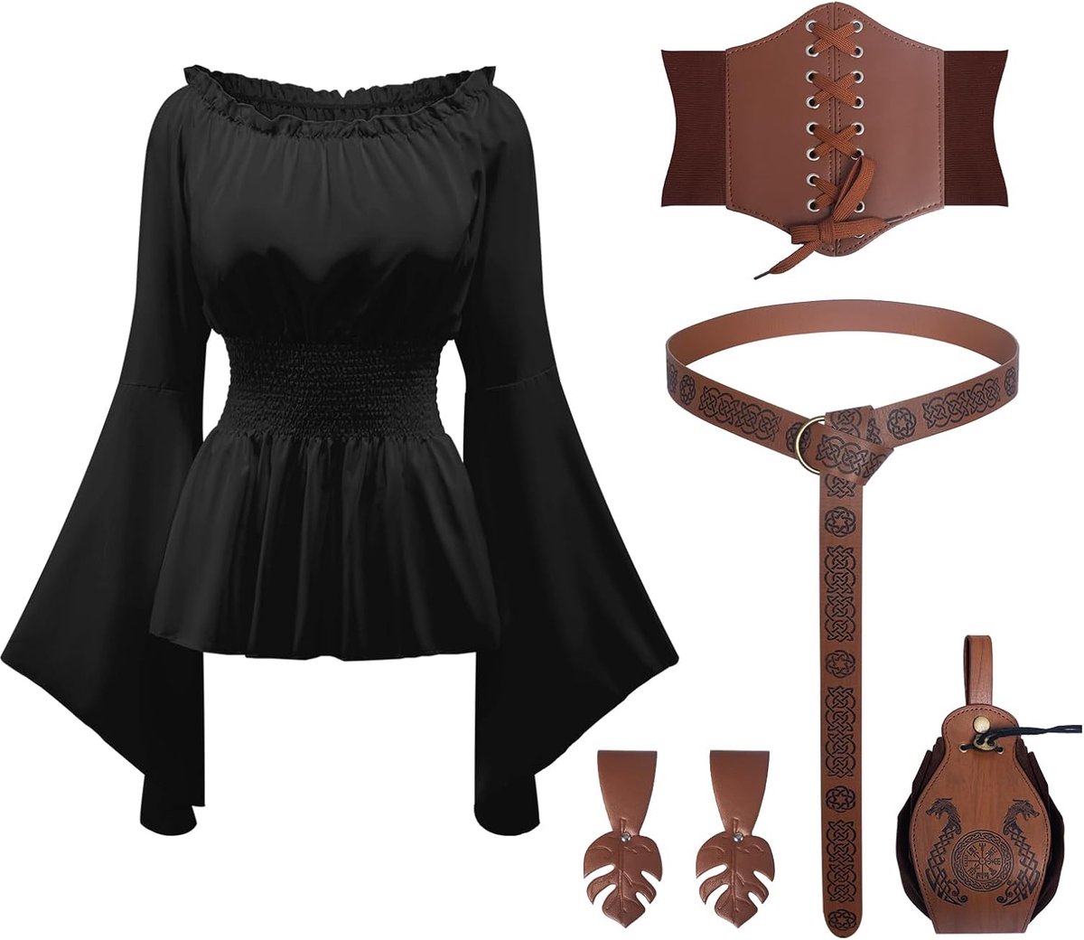 Middeleeuwse kleding dames vintage blouse met korset riem heuptas voor Halloween carnaval