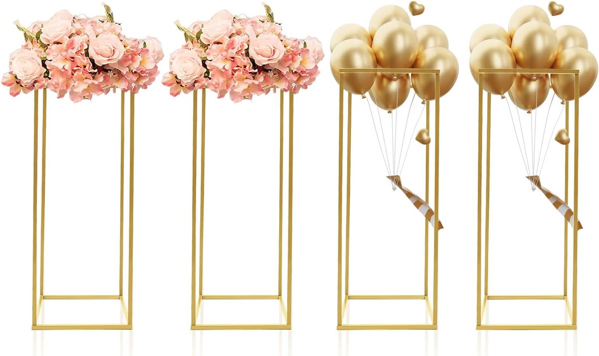 4 stuks gouden bloemenhouders, metaal, vrijstaande bloemenstandaard als evenementen- en bruiloftsdecoratie, robuust en duurzaam, compact voor opslag, voor desserttafels en fotoachtergronden
