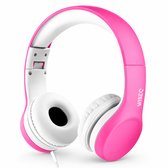 Roze opvouwbare kinder koptelefoon met witte oorschelpen en hoofdband. Het WISEQ logo staat op de zijkant.