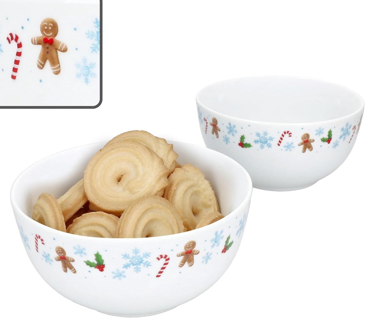 Candyman Set van 2 gebakschalen Ø 14 cm, 420 ml porseleinen kommen met peperkoekmannetje, suikerstokken en ijsblauwe sneeuwvlokken, voor gebak, koekjes en snacks, Kerstmis