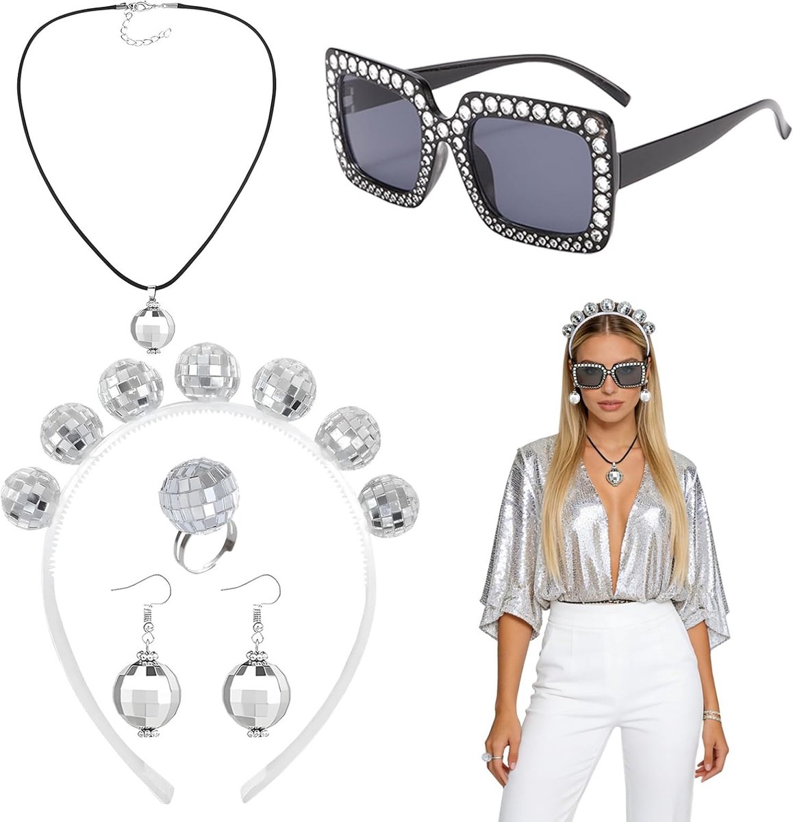 Accessoires voor discotheken, 70,5 stuks, met haarband voor disco, brillen, discoballen, oorbellen, discotheken, accessoires, voor cosplay, carnaval, feest